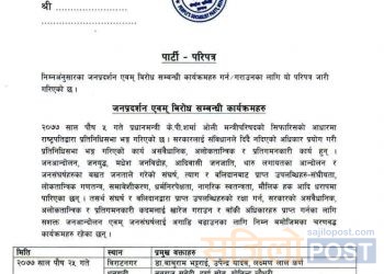 जसपा नेपालले प्रतिनिधिसभा विघटनको विरोधमा थप जनआन्दोलनका कार्यक्रम सार्वजनिक, केन्द्रीय नेताहरु को कहाँ–कहाँ बाट नेतृत्व गर्ने (हेर्नुहोस परिपत्र सहित)