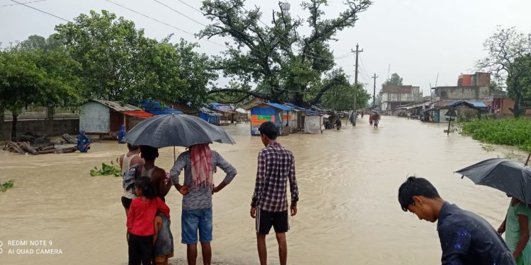 बिहीबारदेखि परेको लगातारको वर्षाले धनुषाको दक्षिणी भेग डुबानमा (फाेटाे फिचर )