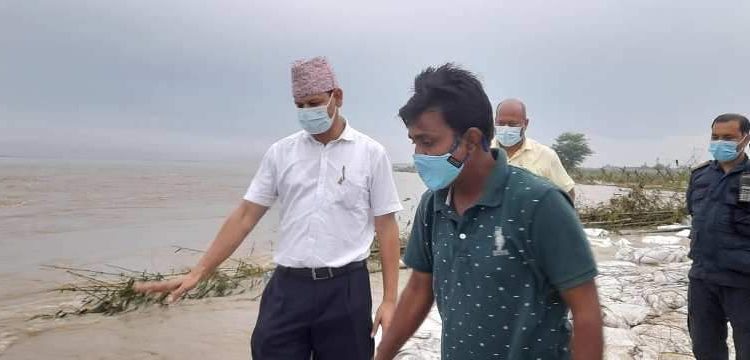 सप्तरीका प्रमुख जिल्ला अधिकारी आचार्यलेद्वारा कोशी तटबन्धको निरिक्षण